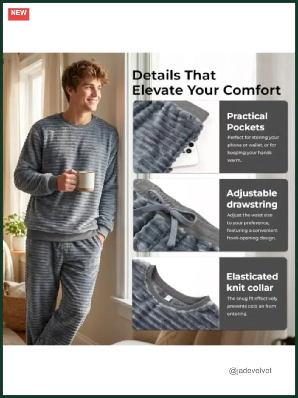Men's Fleece Pajama Set Long Sleeve Lounge Crew Neck Warm Winter Loungewear